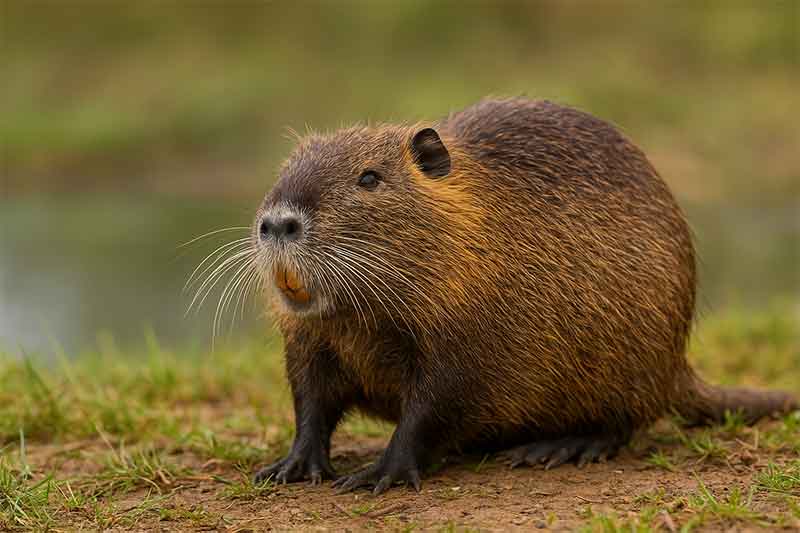 A nutria (coypu) standing on grassy ground near water, showing its brown fur, long whiskers, and distinctive orange teeth.