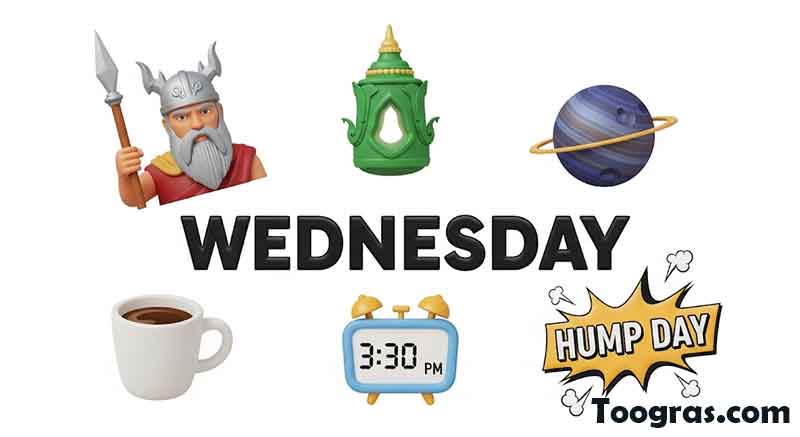 Colorful illustration of Wednesday with icons representing fun and historical facts